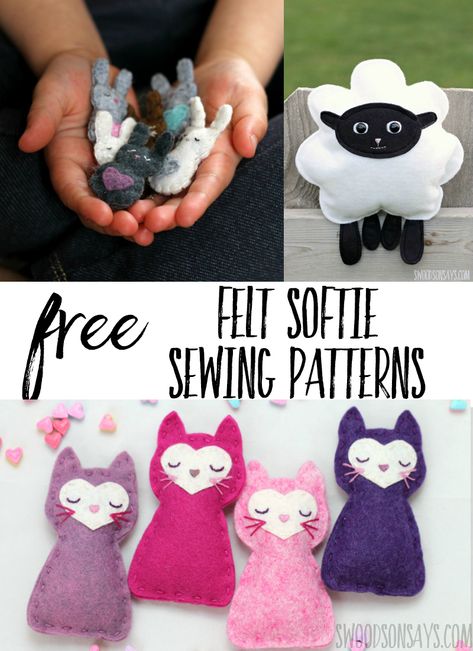 Sew with free felt stuffed animal sewing patterns! Felt softie patterns are fun to embroider and sew; wool felt doesn't fray and is great for beginners. #sewing #felt #freepatterns Felt Critters Pattern, Easy Stuffies To Sew, Easy Animal Sewing Patterns, Simple Felt Animals, Small Stuffed Animal Patterns Free, Felt Animal Patterns Free Printables, Felt Toy Patterns Free Templates, Free Felt Animal Patterns, Felt Animal Patterns Free Templates