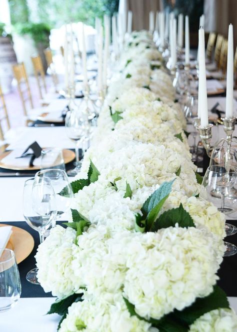 Picture Wedding Centerpieces, Hydrangea Centerpiece Wedding, White Hydrangea Centerpieces, White Hydrangea Wedding, Long Table Wedding, Flowers And Candles, Wedding Flowers Hydrangea, Hydrangea Wedding, Party Table Centerpieces