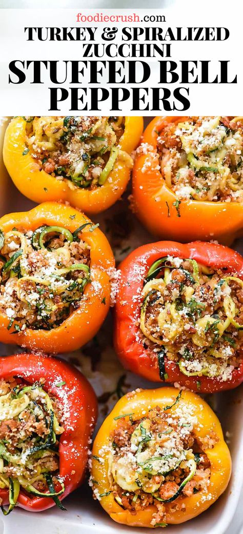 SPIRALIZED ZUCCHINI, QUINOA + TURKEY SAUSAGE STUFFED PEPPERS | foodiecrush.com These easy stuffed peppers are made without rice, and instead filled with healthy ingredients like spiralized zucchini, protein-packed quinoa, and ground turkey sausage for a fast and super healthy all-in-one dinner everyone at the table will love. #stuffedpeppers #mediterranean #healthy #dinner #turkey #sausage #zucchini #easy #quinoa #recipes Stuffed Bell Peppers With Turkey, Quinoa Ground Turkey, Easy Quinoa Recipes, Quinoa Turkey, Sausage Stuffed Peppers, Zucchini Quinoa, Turkey Sausage Recipes, Ground Turkey Stuffed Peppers, Ground Turkey Sausage