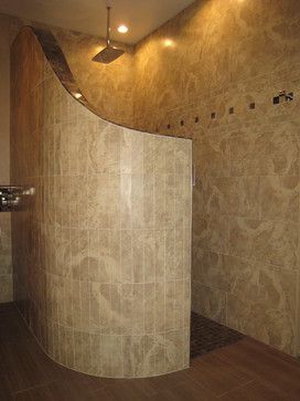 curved  shower wall with glass tile | Houzz - Home Design, Decorating and Remodeling Ideas and Inspiration ... Curved Shower Wall, Doorless Shower, Small Bathroom With Shower, Bathroom Shower Walls, Bathroom Shower Design, Bathroom Plans, Shower Designs, Loft Ideas, Bathroom Shower Tile