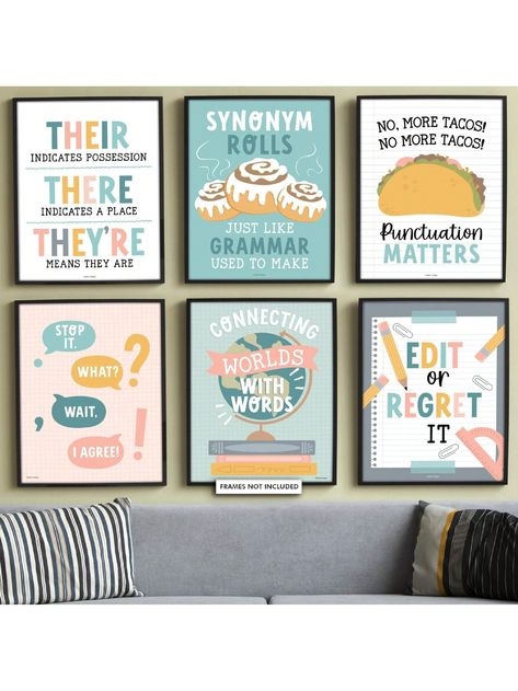 Make learning English fun and motivational with these classroom inspirational posters! These motivational English posters get kids excited about learning so they can reach their fullest learning potential.   11x14 Inch Motivational English Posters   6 Different Posters Included   Made In The USA   This motivational poster set includes 6 different 11x14" English posters, designed to inspire a lifelong love of learning in your students. These vibrant, engaging posters not only bring motivation and positivity to your classroom but also make English fun and approachable. By incorporating these colorful visuals, you'll create an environment that fosters enthusiasm and curiosity, helping kids develop a deeper understanding and appreciation for English.   Create a classroom everyone talks about b Southern Classroom Decor, Middle School Esl Classroom Decor, Ela Classroom Decor High School, Classroom Posters Middle School, Classroom Decor Middle School, High School English Classroom Decor, Esl Classroom Decor, Ela Posters, Ela Classroom Decor