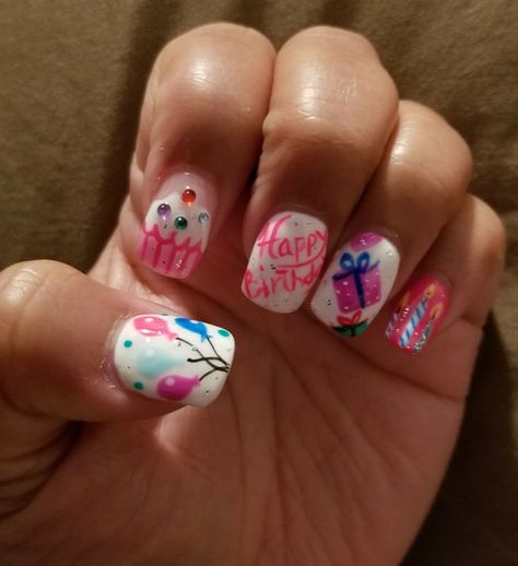 Birthday Themed Nails Art Designs, Birthday Theme Nails, Birthday Themed Nails, Birthday Nails For Kids, Birthday Day Nails, Happy Birthday Nails Designs, 30th Birthday Nails Design, 40th Birthday Nails, Party Nails Birthday