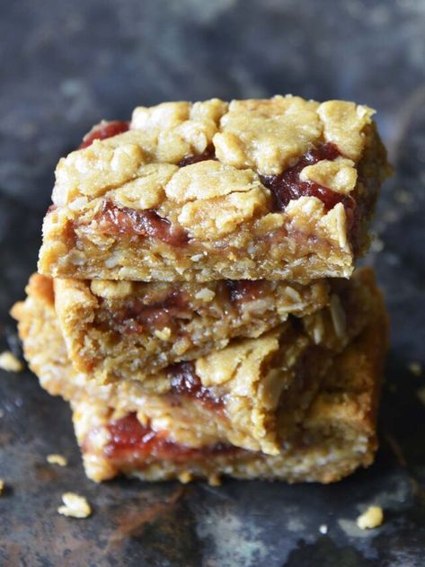 The BEST Peanut Butter and Jelly Bars - An Edible Mosaic™ Pb And J Bars, Strawberry Jam Bars, Peanut Butter And Jelly Bars, Peanut Butter Strawberry, Jelly Bars, Oat Crumble Topping, Pb And J, Jam Bars, Types Of Sandwiches