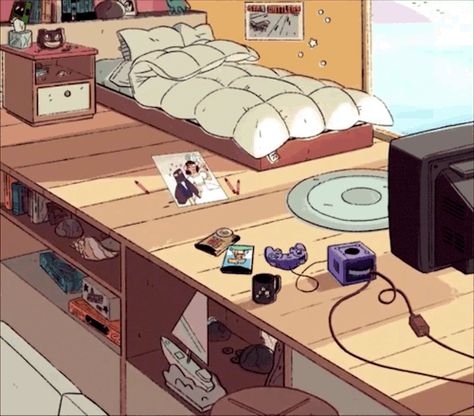 Steven's room (look at the picture of Connie in the background) :) Steven Universe Bedroom, Here Fm Room Backgrounds, Steven Universe Room, Steven Universe Background, I Dont Know You, 1 Place, Indie Room, Girl House, Cartoon Network