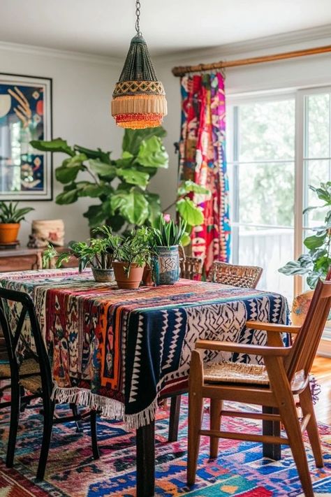 "Add a touch of bohemian flair to your dining room with Boho Style Decor! 🍽️🌿 A great way to create a cozy and creative gathering space. 🌿✨ #BohemianInspo #BohoDecor #DiningRoomGoals" Boho Bungalow Decor, Small Boho Dining Room, Boho Style Dining Room, Maximalist Dining Rooms, Global Home Decor Style, Bungalow Decor, Boho Bungalow, Boho Dining Room, Style Dining Room