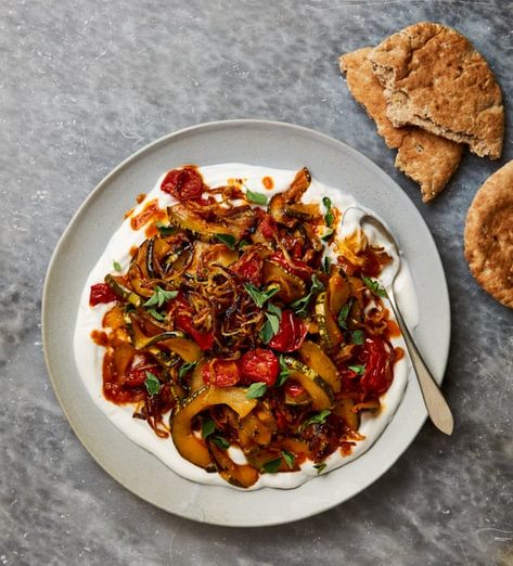 Meera Sodha's vegan recipe for slow-cooked marrow borani | Vegan food and drink | The Guardian Marrow Recipe, Roast Tomatoes, Meera Sodha, Summer Squash Recipes, Iranian Recipes, Moroccan Food, Squash Recipes, Vegan Recipe, Middle Eastern Recipes