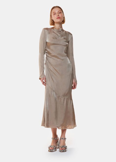 Pewter Luna Cowl Neck Midi Dress | WHISTLES | Cowl Neck Dress Outfit, Cowl Neck Midi Dress, Occasion Wear Dresses, Soft Dramatic, Wedding Guest Outfits, Cowl Neck Dress, Cowl Neckline, Denim Coat, Denim Outfit