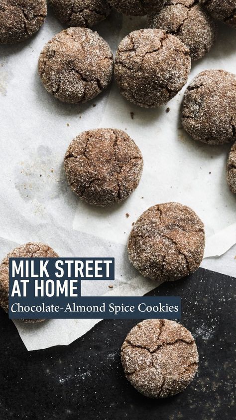 Chocolate Almond Spice Cookies, Milk Street Chocolate Almond Spice Cookies, Almond Desserts, Gf Cookies, Milk Street, Spiced Chocolate, Chocolate Almond, Spice Cookies, Almond Cookies