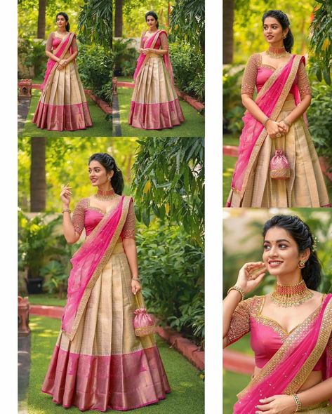 Half Saree Lehenga Poses, Reshme Saree Lehenga, Half Saree Designs Blouses, South Indian Lehenga Look, Dress For Marriage Function Indian, Simple Half Saree Designs South Indian, South Indian Bridesmaids Outfits, Half Saree Designs South Indian, Half Saree Blouse Designs