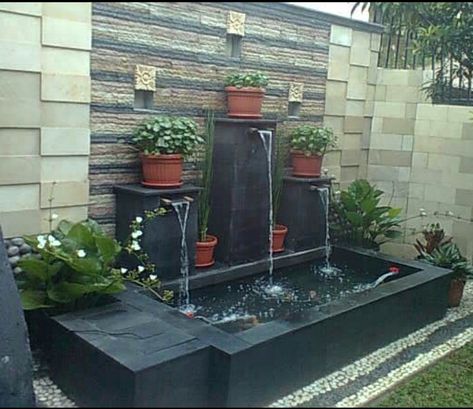 Water Fall Aesthetic, Small Garden Waterfalls, Small Backyard Ponds, Small Water Fountain, Vertikal Garden, Fall Planning, Outdoor Wall Fountains, Water Fountain Design, Kolam Koi