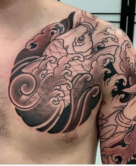 Fish Tattoo Japanese, Chest Tattoo Japanese, Dragon Koi Tattoo Design, Nautical Tattoo Sleeve, Japanese Koi Fish Tattoo, Koi Tattoo Sleeve, Dragon Tattoo Sketch, Koi Tattoo Design, Armband Tattoos