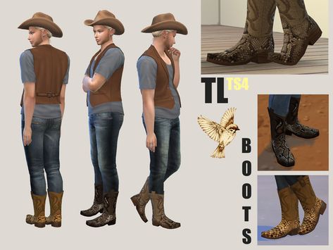 TS4 TitusLinde's Cowboy Boots MOCKINGBIRD Sims 4 Cowboy Hat, Cow Boy Boots, Cowboy Men, Lotes The Sims 4, Boy Boots, Boots Are Made For Walking, Survival Clothing, Sims 4 Cc Shoes, Cowboy Costume