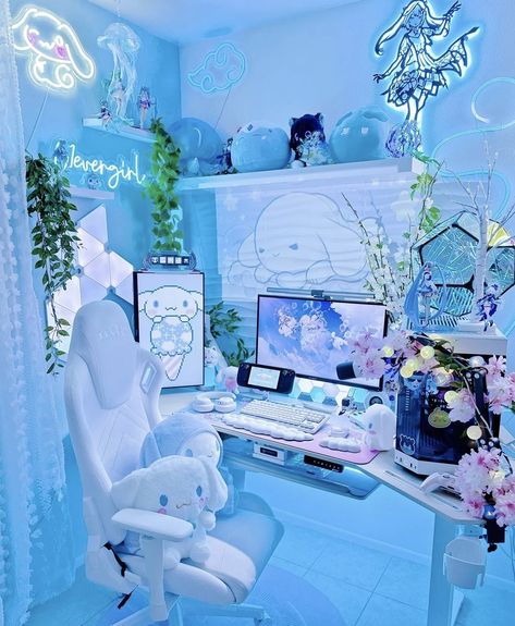 Pc Gaming Setup Blue, Light Blue Pc Setup, Cinnamoroll Setup, Japan Room Decor, Anime Bedrooms, Cinnamoroll Stuff, Pc Aesthetic, Japan Room, Games Room Inspiration