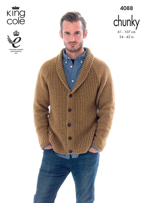 Cardigan and Hoodie Knitted with Big Value Chunky - King Cole Mens Knitted Cardigan, Knitting Patterns Boys, Boys Cardigans, Knit Cardigan Pattern, Chunky Knitting Patterns, Knit Men, King Cole, Hoodie Cardigan, Crochet Cardigan Pattern