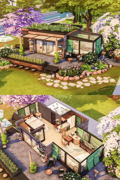 Lovely The Sims 4 house with a tiny blossom garden. It's an excellent, quiet, and eco-friendly escape for two Sims. The house is playtested. No CC used. #ShowUsYourBuilds #thesims4 #sims4 #sims4game #ts4house #ts4nocc #tsr #sims4home #ts4mm #simshousedesign #floorplan #maxismatch #floorplanssims4 @lhonna_sims Sims Outside House, Sims4 Tiny House Floor Plan, Sims 4 Tiny House Community, Sims 4 Tiny Cottage Floor Plan, Sims 4 Tiny Cabin, The Sims 4 Tiny House Ideas, Garden House Sims 4, The Sims Tiny House Ideas, Ts4 Loft House