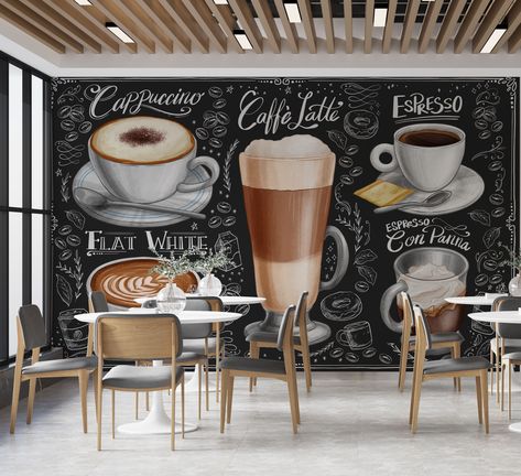 Custom Size Watercolor Cafe Wallpaper, Stylish Vintage Coffee Shop Mural, Customizable Cafe Poster, Bistro Cafe Wall Art, Coffee Shop Wall Decor Black Background. Peel And Stick We know that you want to create your elegant office, cute patisserie, and sophisticated boutique. Let's create your wallpaper together, we can add your company name to the design, we can customize the pattern. please contact us. If you have any special requests( specific wall dimensions, colors etc.) or if you want to ad Cafe Wall Design Ideas Coffee Shop, Cafe Wallpaper Design, Coffee Shop Wall Design, Cafe Mural Ideas, Coffee Shop Design Vintage, Cafe Wall Art Murals, Wall Painting For Cafe Shop, Coffee Shop Murals, Coffee Mural Art