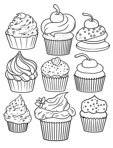 Dessert Galore: An assortment of different cupcakes and other desserts spread out. (Free Printable Coloring Page for Kids) Cupcake Coloring Pages Free Printable, Coloring Pages Easy, Pinterest Valentines, Cupcake Coloring Pages, Frog Coloring Pages, Food Coloring Pages, Dragon Coloring Page, Coloring Pages Free Printable