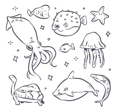 Doodle Art Sea Animals, Under Water Animals Drawing, Aquatic Animals Drawing Easy, Doodle Art Sea, Cute Marine Animals Drawing, Ocean Doodle Art, Marine Animal Doodles, Ocean Animals Doodles, Ocean Animals Drawing Easy