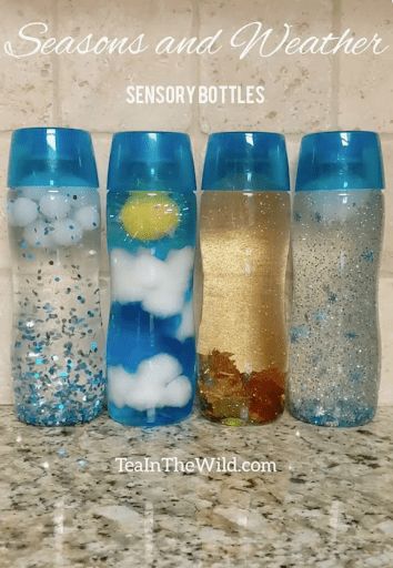 Weather Sensory Bottles, Weather Sensory, Vetenskapliga Experiment, Seasons And Weather, Weather Theme, Baby Sensory Play, Sensory Crafts, Sensory Bottles, Sensory Room