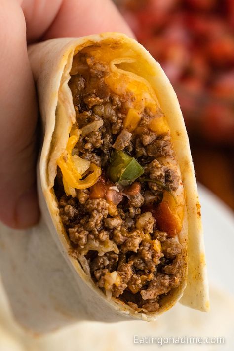 Taco Bell Meximelt Recipe - Eating on a Dime Taco Bell Meximelt Recipe, Taco Bell Meximelt, Taco Bell Beef, Best Spanish Rice Recipe, Taco Bell Recipes, Refried Beans Recipe, Spanish Rice Recipe, Homemade Salsa Recipe, Melt Recipe