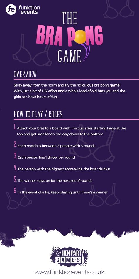 Whip off your bra and take aim as you throw ping pong balls and get the other girls to down some drinks! CLICK THROUGH to see all the rules of this epic hen party game! #hendoideas #henpartyactivities #henpartyideas #henpartyplanning #henpartygames #hendrinkinggames #drinkinggames #bacheloretteparty #bachelorettepartygames #brapong #beerpong #proseccopong Bra Ping Pong Game, Bra Pong Game, Bra Pong Bachelorette, Bra Pong Board Diy, Batchloret Party Games Funny, Bra Pong, Games Bachelorette Party, Wild Bachelorette Party, Bachelorette Party Games Drinking