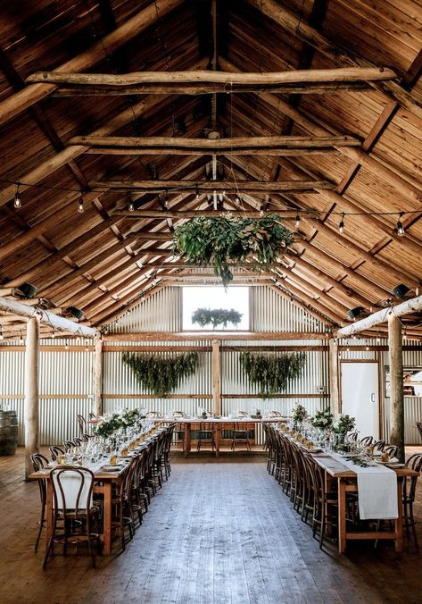 Rustic reception barn in NSW with exposed wooden beams, corrugated iron walls and wooden long table seating. Rustic Barn Wedding Reception, Farm Wedding Reception, Wedding Business Ideas, Shed Wedding, Rustic Shed, Country Wedding Reception, Unique Wedding Receptions, Rustic Farm Wedding, Barn Wedding Reception