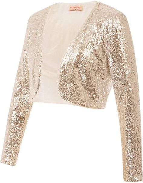 Amazon.com: Belle Poque Women's Gold Shrug High Fashion Sequins Jacket for Clubbing Dress (Gold,S): Clothing Gold Sequin Jacket, Rose Gold Dress, Shrug For Dresses, Formal Evening Wear, Outfits Dressy, Bolero Shrug, Cropped Blazer Jacket, Sequin Jacket, Jacket Long