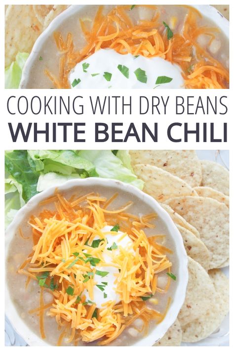 Learn to cook dry beans! White Bean Chili is comforting, inexpensive, simple, and full of real food. Instructions for Instant Pot, Slow Cooker, and Stovetop included. Add chicken to make white chicken chili, and the recipe includes gluten-free, dairy-free, vegan, and freezer storing tips! From CheapskateCook.com #recipe #chili White Chicken Chili With Dry Beans, Dry Beans Recipes Slow Cooker, Dry Navy Bean Recipes, Slow Cooker White Beans, White Bean Chicken Chili Crockpot, Cook Dry Beans, Navy Bean Recipes, White Chicken Chilli, Dry Beans Recipe