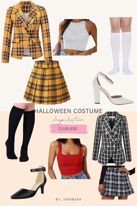 Halloween inspo, halloween costume ideas, clueless costume, clueless halloween costume 90s Diy Outfits Costume Ideas, Dione Clueless Outfit, Clueless Outfits Halloween, Dionne Clueless Costume, Cher And Dionne Costume, Clueless Costume Ideas, 90s Costume Ideas Woman, Cher Clueless Halloween Costume, Tai Clueless