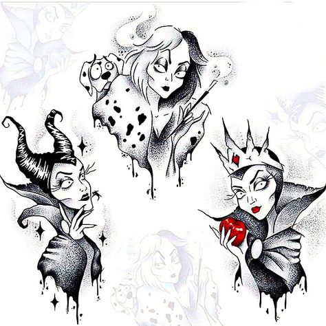 Dark Disney Tattoos Evil Queens, Disney Villains Tattoos Ideas, Disney Villains Drawings Sketches, Goth Disney Tattoo, Cruella Deville Tattoo Ideas, Disney Villains Sketches, Cruella Deville Tattoo, Dark Disney Drawings, Villian Tattoo Ideas