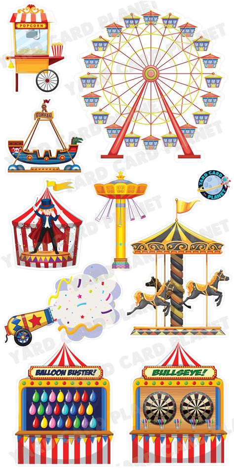 Carnival and Circus Fun Yard Card Flair Set Carnival Doodles, Carnival Theme Decor, Fair Signage, Carnival Drawing, Carnival Elements, Circus Games, Pirate Ship Ride, Carnival Images, Circus Game