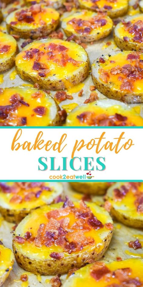 Two images of the baked potato slices with a white graphic in between the pictures with the title in yellow and aqua letters. Baked Potatoes In The Oven, Potatoes In The Oven, Baked Potato Slices, Potato Appetizers, Potato Slices, Bacon Potato, Loaded Baked Potato, Baked Potato Recipes, Potato Recipes Side Dishes