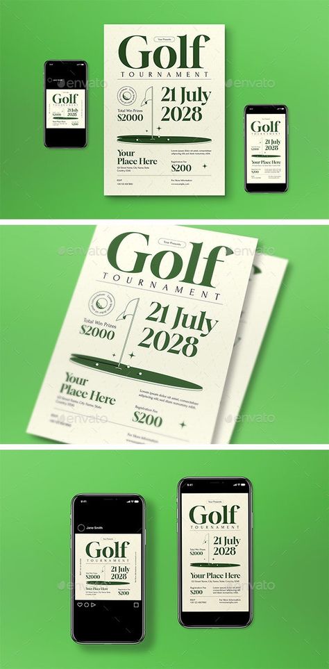 White Serif Golf Tournament Flyer Set - Sports Events Golf Tournament Poster Design, Golf Tournament Invitation, Golf Flyer Design, Padel Tournament Poster, Golf Design Graphic, Golf Invite, Golf Tournament Ideas Fundraising, Golf Tournament Flyer, Golf Tournament Ideas