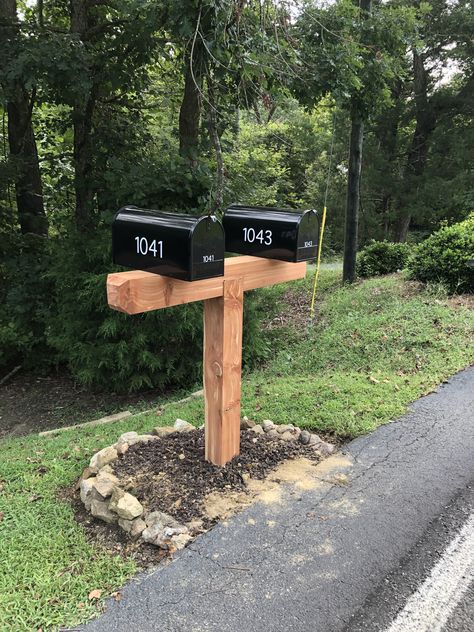 Red Cedar 6x6 double mailbox post. Mailbox Post Plans, Double Mailbox Post, Cedar Mailbox, Cedar Mailbox Post, Farmhouse Mailboxes, Modern Mailbox Design, Mailbox Makeover, Wooden Mailbox, Large Mailbox