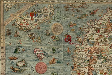 The world was a scary place in the Middle Ages.  What’s With the Sea Monsters on Old Maps? | Mental Floss Weird Sea Creatures, Sea Map, Strange Creatures, 17th Century Art, Scary Monsters, Map Wallpaper, Ancient Maps, Scary Places, Old Maps