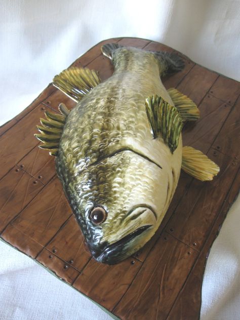 For my husband for Father's Day! Fish is carved cake covered in handpainted fondant; fins are gumpaste, and the "dock" is fondant.  Thanks for all the inspiration! Fish Cake Birthday, Cake For Men, Shelby Lynn, Large Mouth Bass, Fathers Day Cake, Sculpted Cakes, Animal Cakes, Birthday Cakes For Men, New Cake