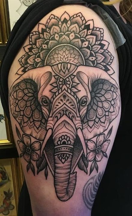 Bicep Tattoo Women Sleeve, Animal Mandala Tattoo, Elephant Mandala Tattoo, Outer Bicep Tattoos, Ganesha Mandala, Elephant Head Tattoo, Moms Tattoo, Geometric Elephant Tattoo, Front Thigh Tattoos