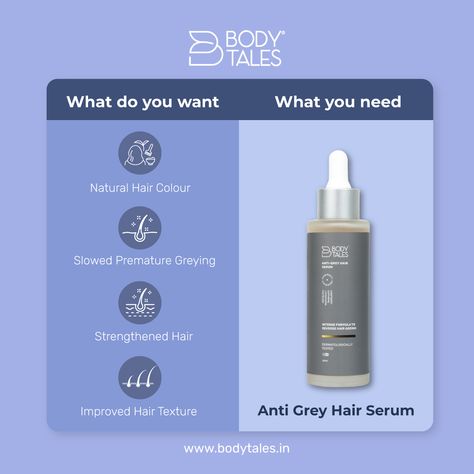 An Anti Grey Hair Serum offers multiple benefits for those looking to reverse the signs of greying hair and promote a more youthful appearance. With consistent use, Anti Grey Hair Serum can be a valuable addition to your haircare routine, keeping your locks looking youthful and vibrant. Buy yours today! 👉 www.bodytales.in . . . #haircarereminder #haircare #hairhacks #haircareserum #hairserum #hairageing #whatyouneed #whatyouwant #hairlove #haircarejourney #greyhair #darkhair #reducegreyhair... Greying Hair, Anti Gray Hair, Cosmetics Advertising, Grey Hair Don't Care, Hair Test, Haircare Routine, Poster Design Inspiration, Care Hair, Hair Strengthening