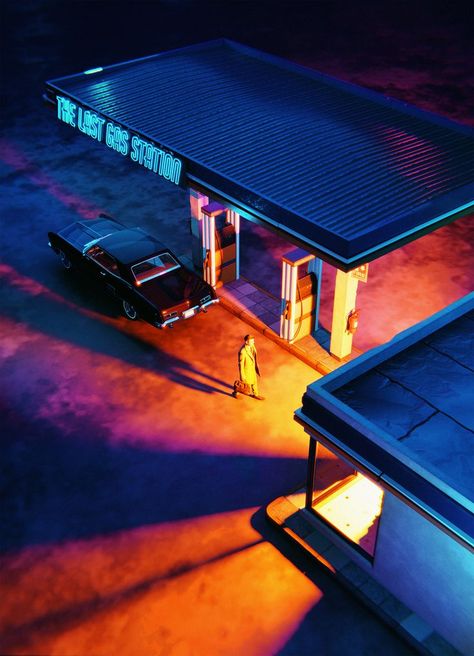 Retro gas station and vintage car in a cinematic scene. Colorful image. Retro Gas Station, Cinematic Scene, Neon Gas, Scene Aesthetic, Trans Art, Cafe Concept, Blue Lighting, Neon Lights, Environmental Art