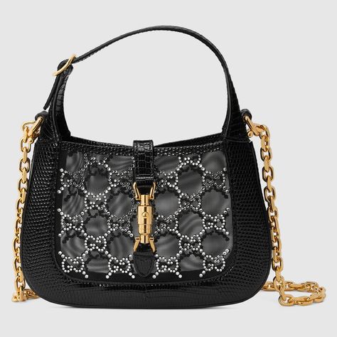 Shop the Jackie 1961 mini crystal GG lizard bag in black at GUCCI.COM. Enjoy Free Shipping and Complimentary Gift Wrapping. Gucci Aria, Gucci Jackie 1961, Gucci Brand, Gucci Outfits, Gucci Tote, Looks Chic, Gucci Black, Gucci Handbags, Hermes Birkin