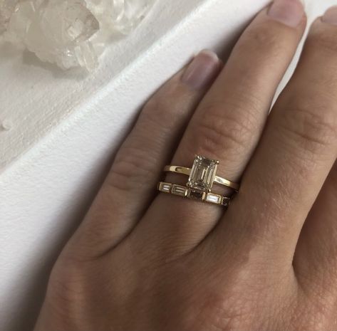 Stacked Emerald Cut Engagement Ring, Emerald Solitaire With Wedding Band, Wedding Ring Stack Emerald Cut, Emerald Cut Wedding Stack, Dreamy Rings, Wedding Ring Stack, Wedding Stack, Thick Gold Band, Chelsea Wedding