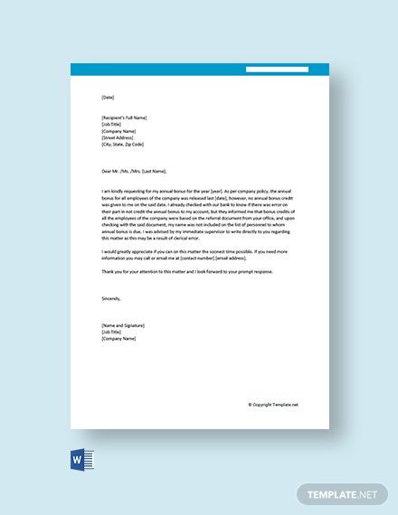 Free Request Letter for Annual Bonus, Instantly Download Printable Letter Templates, Samples & Examples in Microsoft Word (DOC), Google Docs, Apple (MAC) Pages. Available A4 & US. Quickly Customize. Easily Editable & Printable. Reference Letter For Student, Application Letter For Teacher, Free Printable Letter Templates, Application Letter Template, Termination Letter, Printable Letter Templates, Application Letter, Letter To Teacher, Letter Of Intent