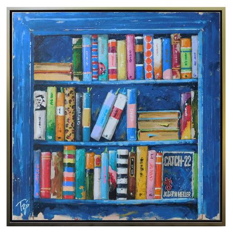 Library Painting Ideas On Canvas, Bookshelf Painting, Bookshelf Painting Canvas, Book Shelf Painting Canvas, Library Acrylic Painting, Paintings Of Bookshelves, Painted Bookshelves, Painting Art Projects, Artist Books