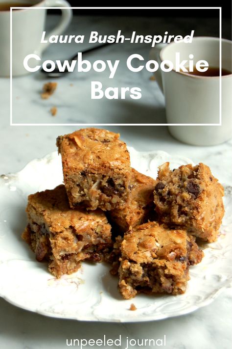 Cowgirl Cookie Bars, Cowgirl Cookie Bars Southern Living, Cowboy Bars Recipe, Laura Bush Cowboy Cookies Recipe, Cowboy Blondies, Cowboy Cookie Bars, Cowboy Bars, Gooey Blondies, Laura Bush Cowboy Cookies