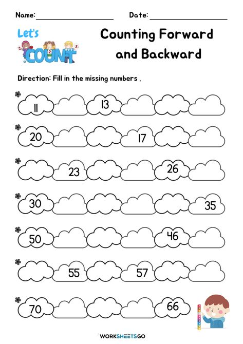 Forward And Backward Counting Worksheet, Backward Counting Worksheets, Counting Backwards Worksheets, Counting Backwards Activities, Backward Counting, Kindergarten Math Worksheets Counting, Phonics Puzzles, Counting Money Worksheets, Counting Backwards