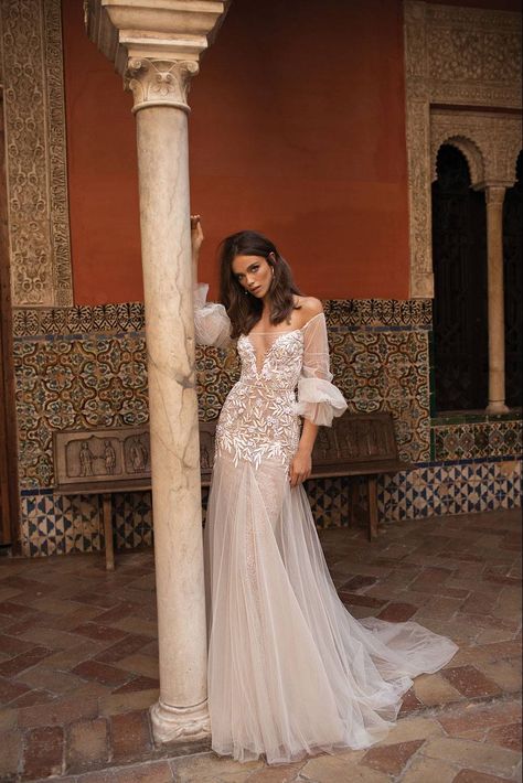 Berta Bridal Wedding Dresses: The Seville Collection! Bardot Wedding Dress, Wedding Dresses Amazon, Puff Sleeve Wedding Dress, Gorgeous Wedding Makeup, Berta Wedding Dress, Best Wedding Makeup, Berta Bridal, Wedding Dresses Boho, Wedding Dress Flowy