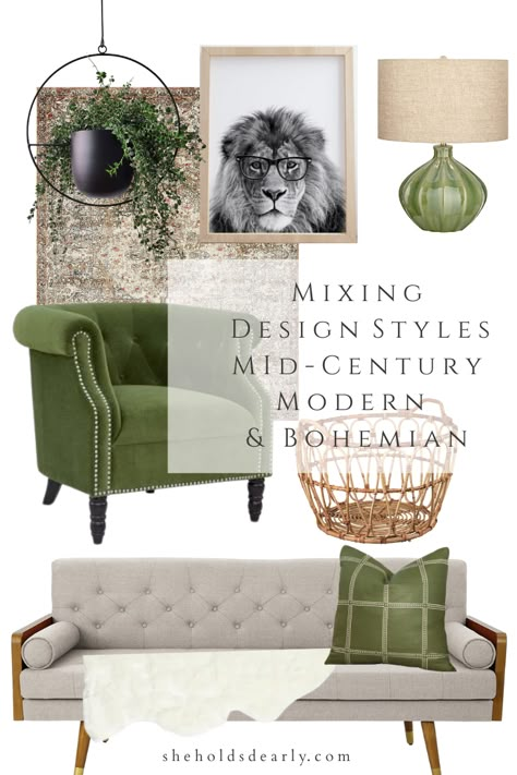 How To Mix Decorating Styles, Midcentury Modern Boho Decor, Mid Century Modern With Boho, Spanish Mid Century Modern Living Room, Mid Century Modern Mixed With Boho, Boho Mid Century Modern Living Room Sofas, Bohemian House Interior Design, Boho Mixed With Modern, Mid Century Modern Industrial Decor