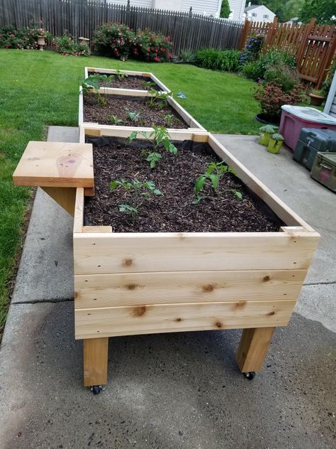 Raised garden on casters and side table Raised Garden On Wheels, Plant Box Diy, Portable Raised Garden Beds, Portable Garden Beds, Bucket Garden, Diy Greenhouse Plans, Diy Garden Bed, Boxes Diy, Portable Garden