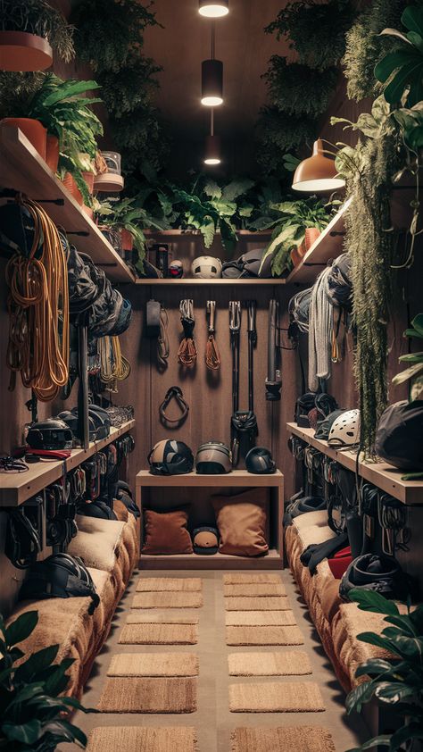 🌄 Bring the beauty of nature into your rock climbing gear closet with outdoor-inspired climbing gear storage. Use natural materials and earthy tones to create a serene and organized space. #RockClimbingGearCloset #ClimbingGearOrganization #ClimbingGearStorage Climbing Gear Storage, Gear Room Ideas, Outdoor Gear Organization, Outdoor Gear Storage, Container Garage, Gear Closet, Camping Room, Closet Idea, Gear Wall