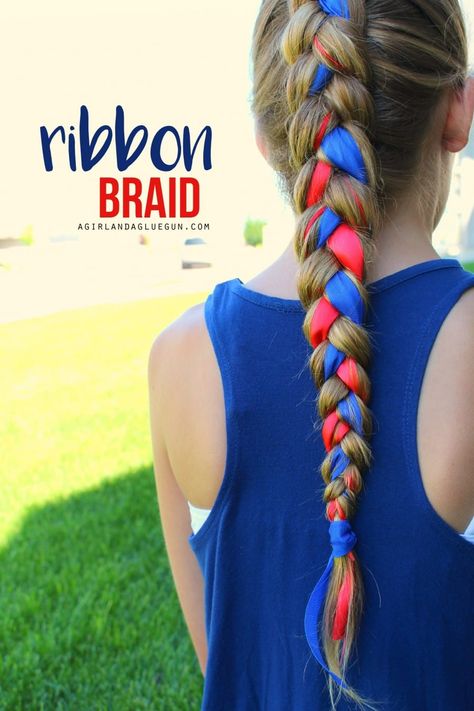 ribbon braid-- easy way to add in some school spirit or holiday fun Braiding Hair With Ribbon, Braiding With Ribbon, Braid Ribbon In Hair, Ribbon In Braid, 4th Of July Hair, Softball Hairstyles, Ribbon Braids, Pretty Braids, July Outfits